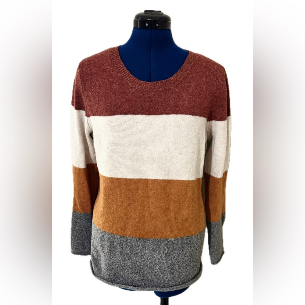 Striped Cozy Color Blocked Sweater Maroon, Cream, Mustard, and Gray